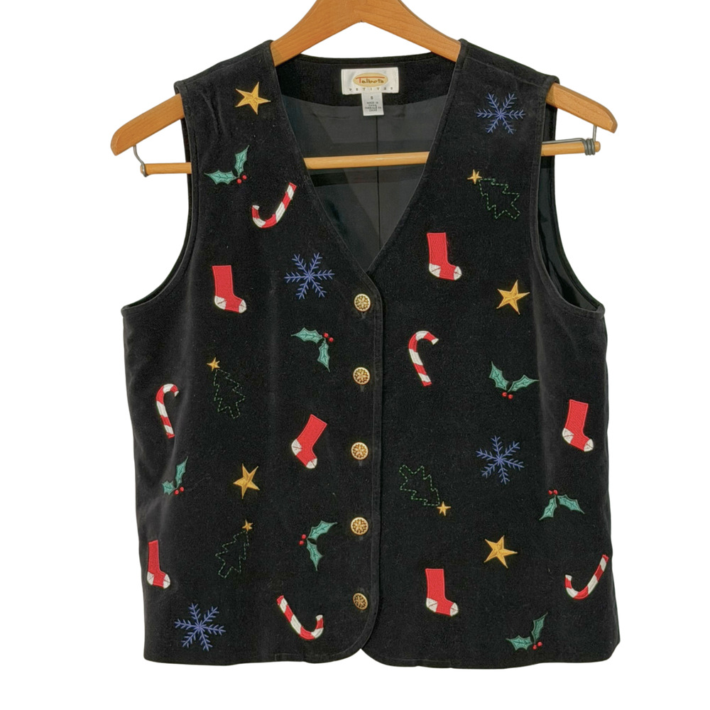 Talbots Petites Sz SP Black Velvet Vest Festive Christmas Embroidery Vtg 90s